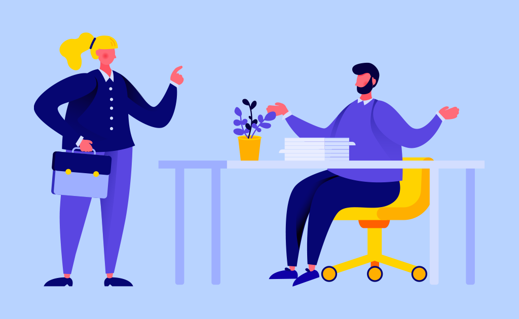 Woman holding bag and man sitting at desk