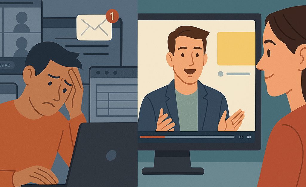 Side-by-side illustration comparing a stressed man overwhelmed by webinar screens on the left, with a calm woman engaging with a friendly AI avatar on a computer screen on the right—representing the shift from traditional webinars to modern AI-powered presentations