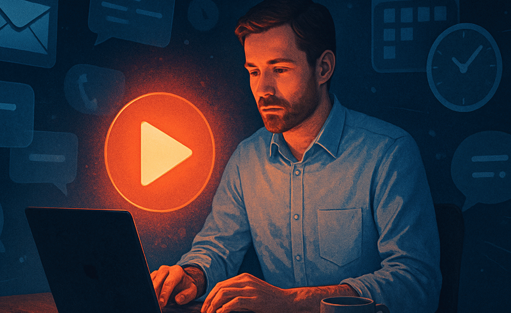 Person at desk surrounded by digital distractions, illuminated by a video play icon symbolizing focused communication